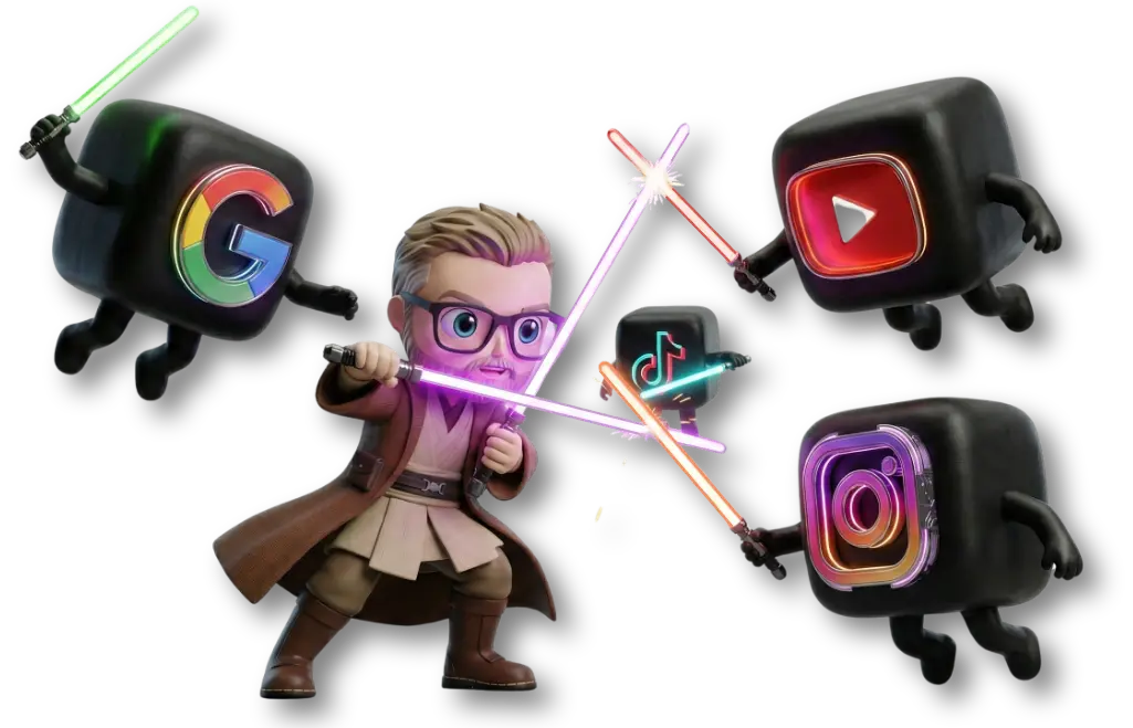 Maskottchen von Svenakin Skywalker (Sven Höhne) steht als Jedi-Krieger im Chibi-Stil mit Brille, blonden Haaren und klassischer brauner Jedi-Robe, der ein lila leuchtendes Lichtschwert führt. Er wird von vier kleinen, schwarzen, abgerundeten Würfelfiguren mit Ärmchen und Beinchen angegriffen – jede trägt ein Plattform-Logo: Google (mit grünem Lichtschwert), TikTok (mit rotem Lichtschwert), YouTube (mit rotem Lichtschwert) und Instagram (mit rosa Lichtschwert). Die Lichtschwerter kreuzen sich in der Mitte mit Funkeneffekt. Die Szene symbolisiert den Kampf um die maximale Sichtbarkeit in der digitalen Welt.