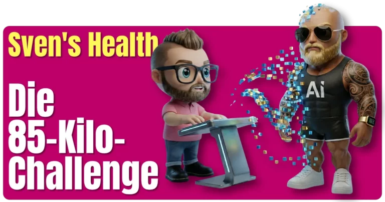 Beitragsbild „Sven's Health – Die 85-Kilo-Challenge". Auf magentafarbenem Hintergrund steht Svens 3D-Comic-Maskottchen — rundlicher Mann mit Brille, Bart, pinkem Polo — an einem futuristischen Steuerpult. Rechts daneben materialisiert sich aus einem blau-goldenen Datenstrom die muskulöse KI-Figur Dwayne: kahlköpfig, tätowiert, schwarzes Tanktop mit Aufschrift „Ai", Sonnenbrille, Smartwatch. Die Szene symbolisiert den Start der Challenge: Sven gibt das Kommando — Dwayne übernimmt das Training.