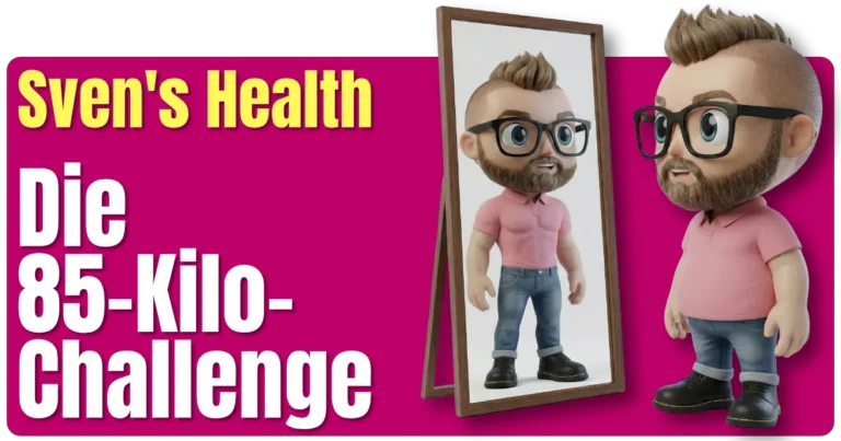 Beitragsbild der Blog-Kategorie „Sven's Health – Die 85-Kilo-Challenge". Auf magentafarbenem Hintergrund steht Svens 3D-Comic-Maskottchen – ein rundlicher Mann mit Brille, Bart, pinkem Polo und Jeans – vor einem Standspiegel. Im Spiegel spiegelt sich dieselbe Figur, jedoch schlanker und selbstbewusster wirkend. Links der Text: „Sven's Health" in Gelb, darunter „Die 85-Kilo-Challenge" in Weiß. Das Bild steht symbolisch für den Weg vom Ist- zum Wunschgewicht.