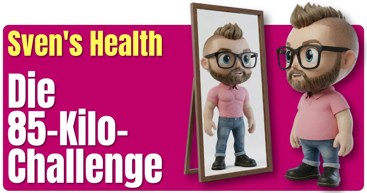 Beitragsbild der Blog-Kategorie „Sven's Health – Die 85-Kilo-Challenge". Auf magentafarbenem Hintergrund steht Svens 3D-Comic-Maskottchen – ein rundlicher Mann mit Brille, Bart, pinkem Polo und Jeans – vor einem Standspiegel. Im Spiegel spiegelt sich dieselbe Figur, jedoch schlanker und selbstbewusster wirkend. Links der Text: „Sven's Health" in Gelb, darunter „Die 85-Kilo-Challenge" in Weiß. Das Bild steht symbolisch für den Weg vom Ist- zum Wunschgewicht.